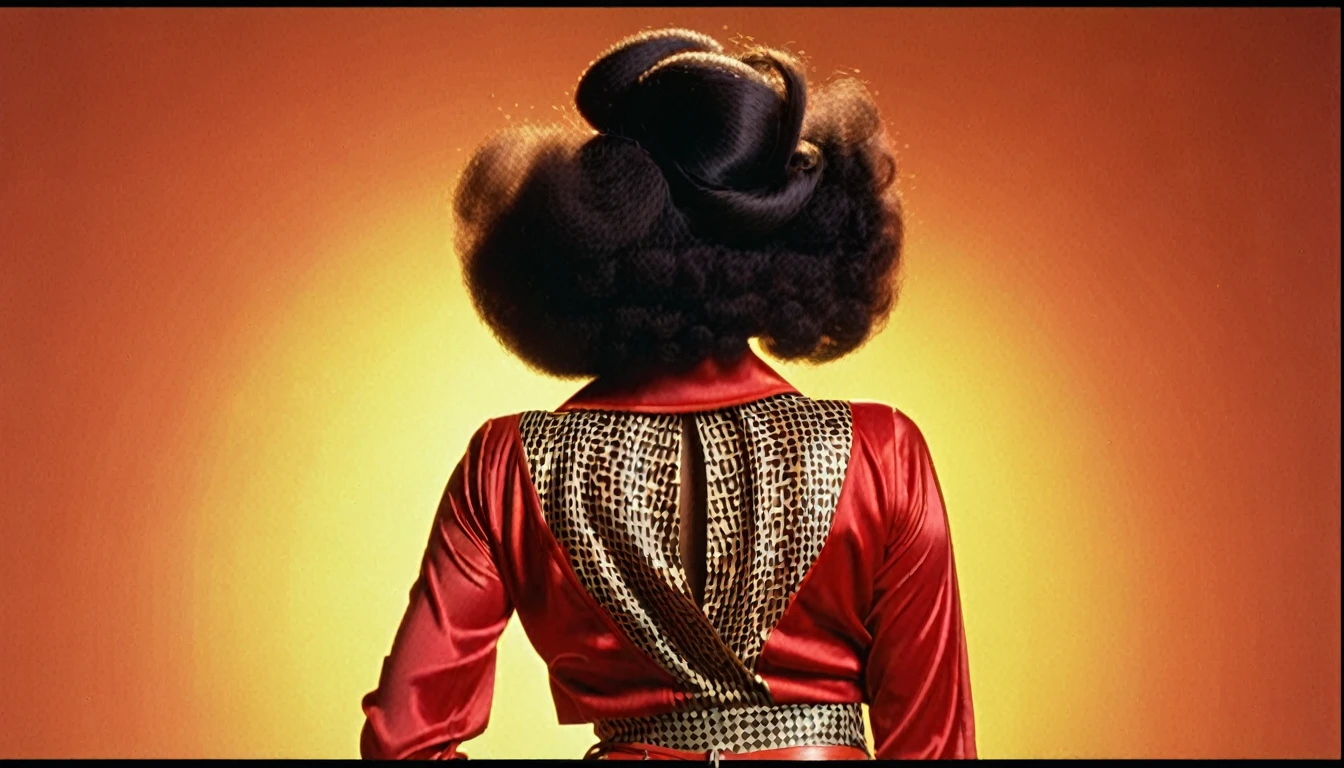 1970s photo of African-American female rapper "Sexyy Red" wearing 1970s attire, from behind, wide shot,