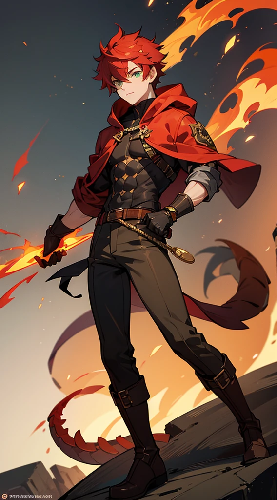 Handsome half dragonet man, red hair, very short hair, ((crew cut: 1)), green eyes, fair skin, ((muscular: 1)), man, 28 years old, wearing black hoodie, gold details, leather shawl brown, baggy pants gray boots, black and brown belts, black boots, brown gloves, lots of belts half-dragon half-human, transformation, fire, fire lord, red scales on some parts of the body, half-human, man with tail, man with red wings