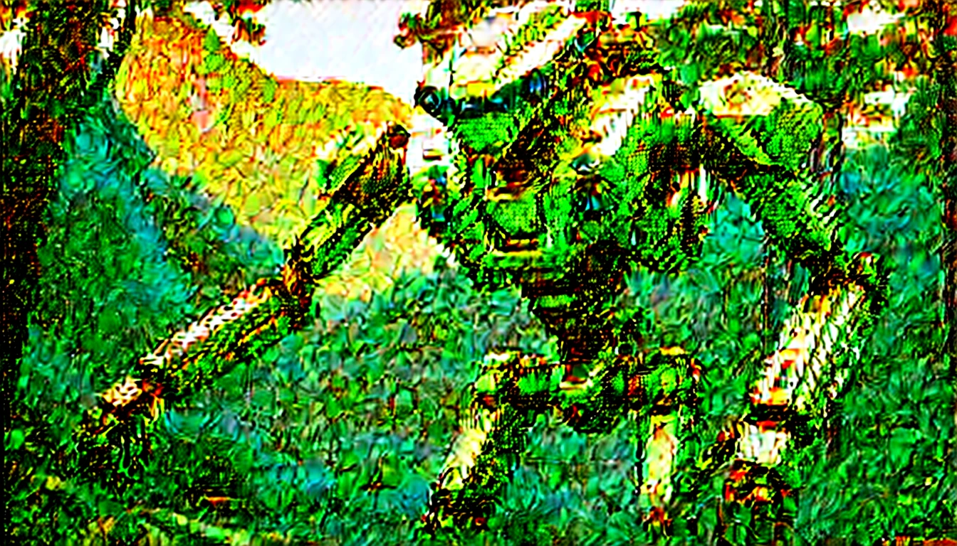 A photo of a giant robot exploring a lush alien planet, com florestas densas, montanhas rochosas e rios sinuosos.Alto e imponente, with a metal body and articulated limbs. The robot has sensors, cameras and other equipment to explore the environment. Exuberante e cheio de vida, with dense forests of colorful trees, montanhas rochosas cobertas de musgo e rios sinuosos que correm por vales verdejantes.Sentido de descoberta, wonder and admiration for the natural beauty of the alien planet.