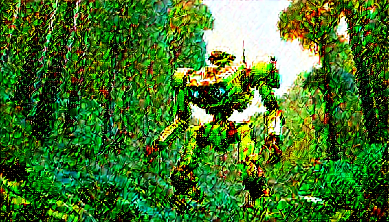 A photo of a giant robot exploring a lush alien planet, com florestas densas, montanhas rochosas e rios sinuosos.Alto e imponente, with a metal body and articulated limbs. The robot has sensors, cameras and other equipment to explore the environment. Exuberante e cheio de vida, with dense forests of colorful trees, montanhas rochosas cobertas de musgo e rios sinuosos que correm por vales verdejantes.Sentido de descoberta, wonder and admiration for the natural beauty of the alien planet.