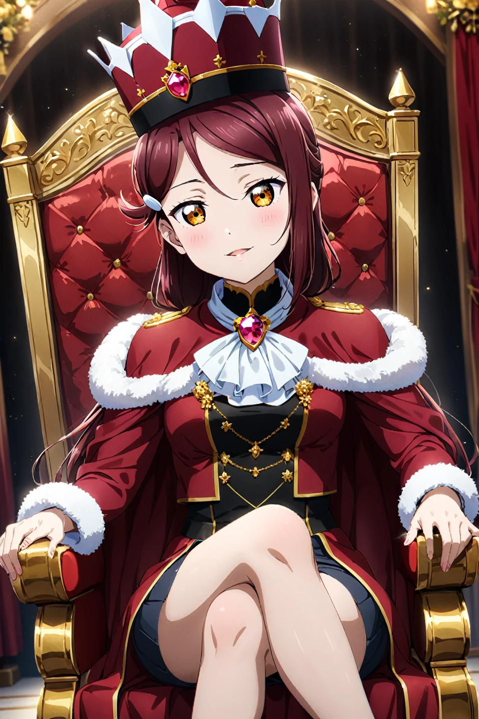 1girl, sakurauchi riko, \(love live\), queen hat, noble coat, red coat, noble shirt, sitting, crossed legs, gentle smile, parted lips, throne, cinematic angle, ((medium quality)), ((perfect face)), ((aesthetic background))