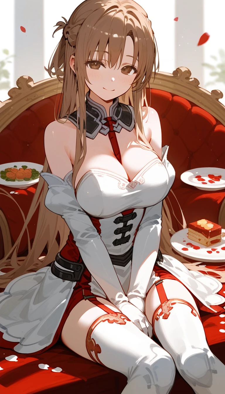 Score_9, score_8_up, score_7_up, score_6_up, scre_5_up, source_anime, BREAK, AS, 1girl, Asuna (SAO - AIO),brown eyes, brown hair, long hair,large breasts, closed mouth, red accents, white thighhighs, cleavage, smile, white gloves, sitting, wariza, looking at viewer, white dress, bare shoulders, brown hair, armor, blush, brown eyes, breastplate, petals, detached sleeves, hand between legs, white sleeves, braid,