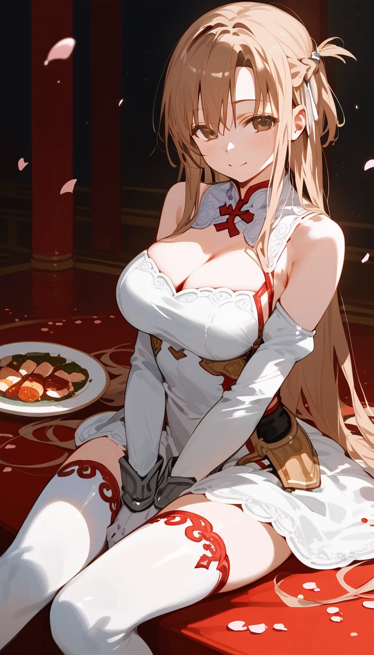 Score_9, score_8_up, score_7_up, score_6_up, scre_5_up, source_anime, BREAK, AS, 1girl, Asuna (SAO - AIO),brown eyes, brown hair, long hair,large breasts, closed mouth, red accents, white thighhighs, cleavage, smile, white gloves, sitting, wariza, looking at viewer, white dress, bare shoulders, brown hair, armor, blush, brown eyes, breastplate, petals, detached sleeves, hand between legs, white sleeves, braid,