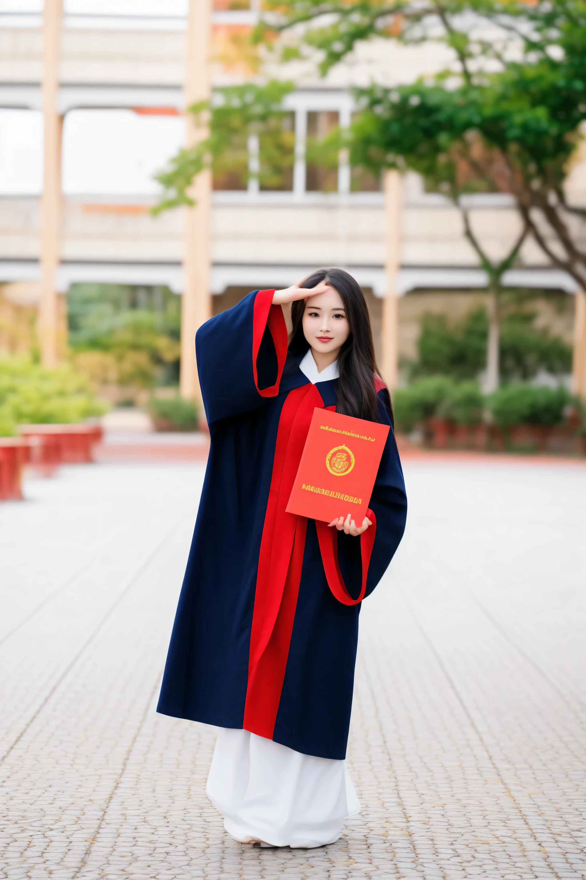 arafed asian girl in a graduation gown holding a red book, wearing an academic gown, graduation photo, wearing long royal robe, flowing hair and long robes, ao dai, wearing red robes, high quality photos, wearing long gown, wearing black robe, wearing red sorcerers robes, wearing blue robe, girl, wearing a long flowing robe