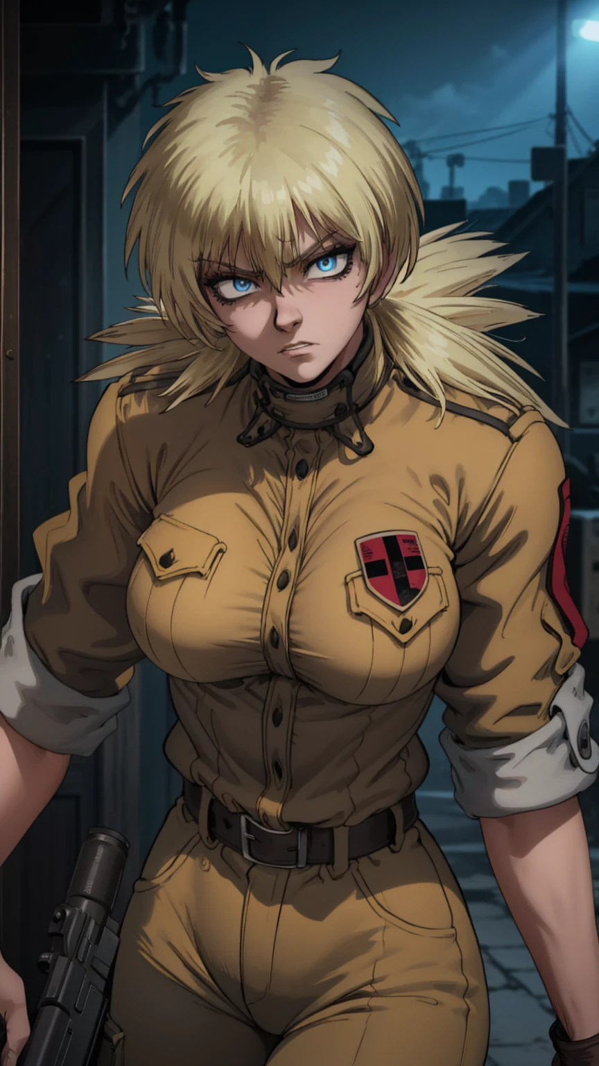 (best quality,4k,8k,highres,masterpiece:1.2),ultra-detailed,extremely detailed girl,beautiful detailed eyes,beautiful detailed lips,longeyelashes,leather jacket and pants,angry expression,holding a gun,black and white photography,low-key lighting,dark and gritty,urban setting,fierce attitude,action-packed scene,Vivid colors,intense shadows,sharp focus, seras, seras victoria, closeup, face closeup, frustrated expression 