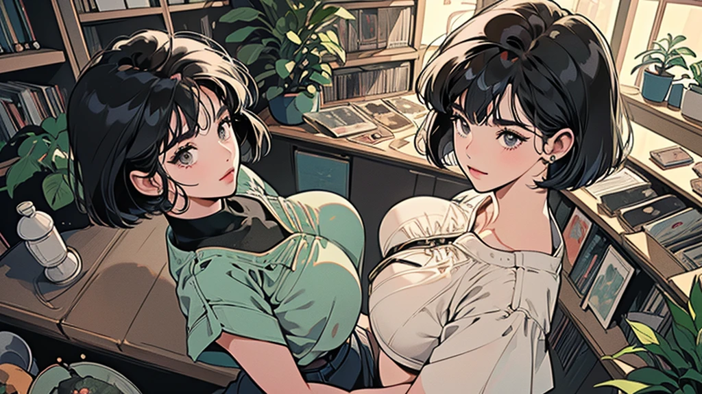 Ultimate quality, masterpiece, Unity 8k Wallpaper, Depth of Field, Super detailed,High resolution, (((A very detailed beautiful woman, Perfect face,Black Hair, bob cut,Bangs, Gray eyes, Top of crop, Short sleeve, crop top, Wide hips, Huge breasts)))), (((Record store))), Nostalgia, panoramic, long shot, Intricate details, (((records on bookshelf.))), (((Various angles))),(((plant))), (((Overhead shot))),