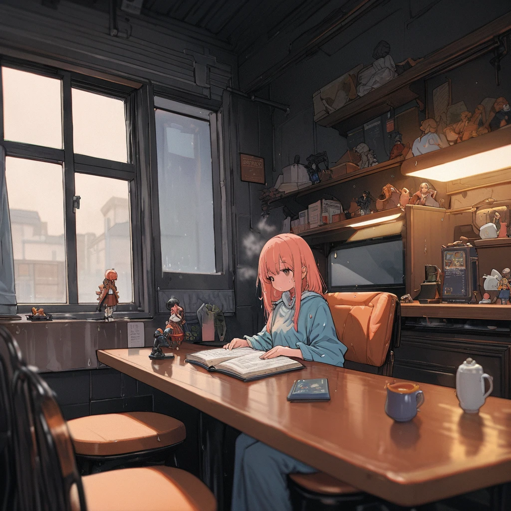 ((anime:1.4,figure)),(masterpiece, Highest quality, Highest quality),(Super detailed, The absolute solution),((16K, High resolution)), (((Cozy café interior, Wet day, Comfortable chair, Book, soft, Large window with raindrops, A steaming cup of tea or coffee on a table, Warm indirect lighting creates a calm atmosphere))), ((cozy lofi figure:1.4)), ((anime:1.4, figure)),(masterpiece, Highest quality, Highest quality),(Super detailed, The absolute solution),((16K, High resolution)) break {Lofi Art, Laurie Griesley's style, Makoto Shinkai&#39;s Style, anime aesthetic}, break { (Generates images with over 40 million pixels of information with the detailed texture of films shot with Sony SLR cameras。).}