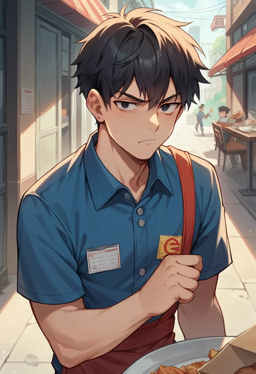 A young man, restaurant delivery courier outfit, with a firm, intimidating face, black eyes, short black hair, background of an alley in the early evening
