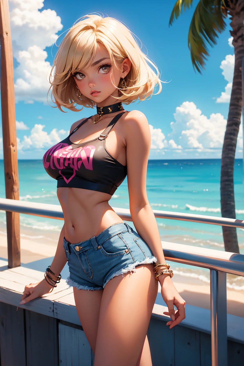 age girl-model 18 years old, beautiful, tanned, blonde, bob hair, bangs, brown eyes, beautiful figure, girl wearing crop shirt and too short mini shorts, beautiful long legs, slave bracelets, slave choker, manicure, cute makeup, flirtatiously posing, hot summer, hot flirty, sexy posing, summer outfit, top quality, higest quality, pin-up style, retro 80s style, Daisy Dukes style, Miami vibes, Californian