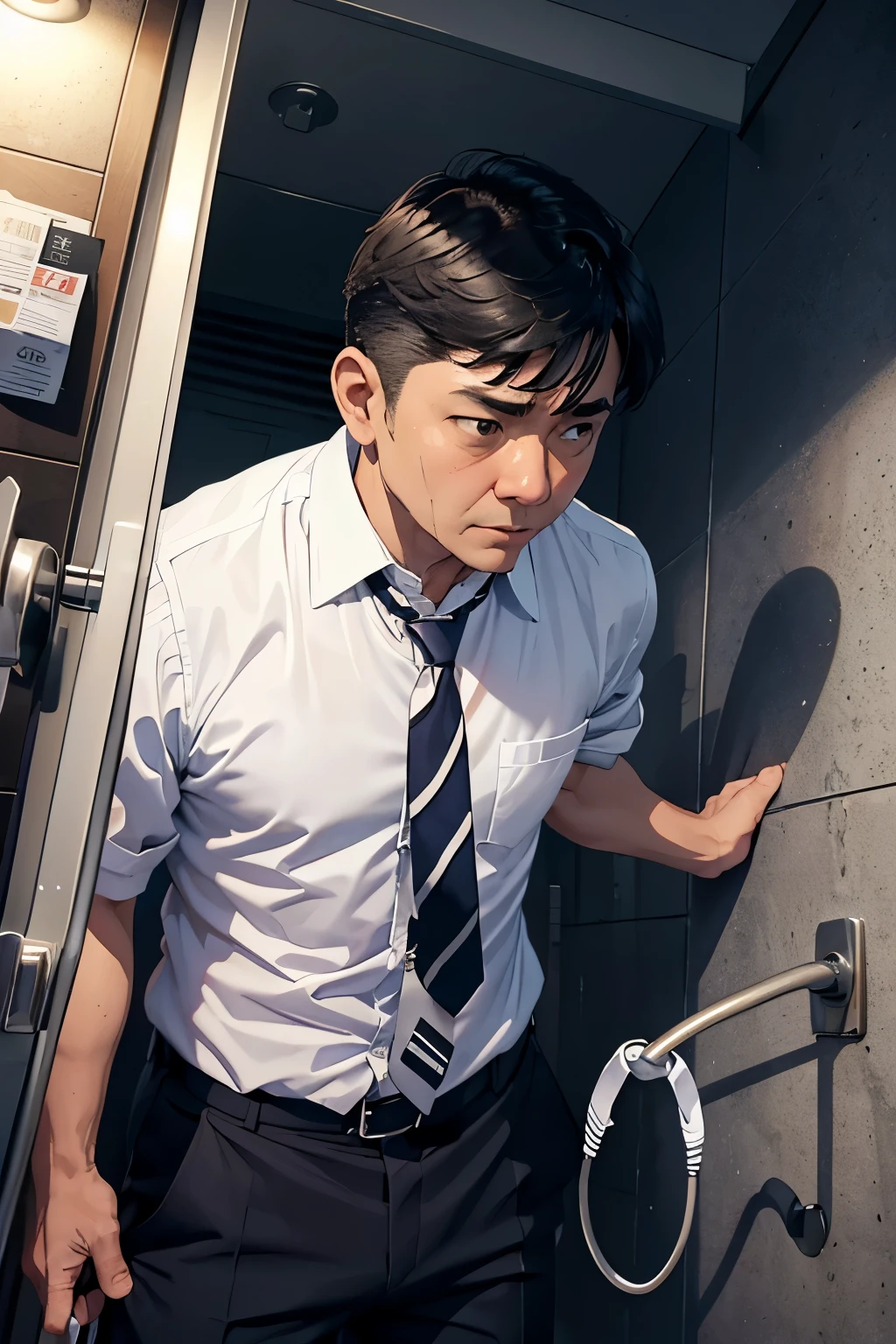 The lower abdomen of a middle-aged man using a urinal、White Y-shirt and tie、A dark and suspicious toilet at night、(((Peeing coming out of the male organ)))、Detailed facial expressions、