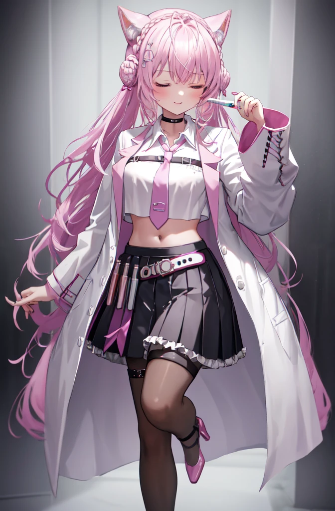 long hair, hair bun, double bun, braided bun, crown braid, hexagon, choker, black choker, necktie, pink necktie, shirt, white shirt, collared shirt, crop top, crop top overhang, fingernails, nail polish, pink nails, watch, pocket watch, midriff, navel, belt, skirt, miniskirt, black skirt, pleated skirt, frills, frilled skirt, test tube, pantyhose, black pantyhose, thigh strap, shoes, black footwear, high heels, coat, labcoat, white coat, open coat, open clothes, long sleeves, sleeves past wrists, pocket, smile, laboratory, wink, one eye closed, kiss