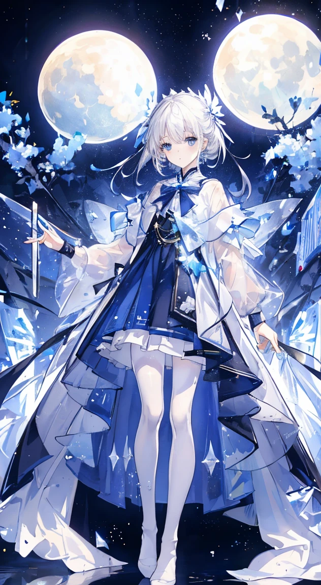 1 girl,Starry Sky, (White with luster (transparency:1.4) Open pantyhose), moon, Beautiful style,Blurred foreground,spark,White hair,blue eyes,No shoes,cross_leg,
