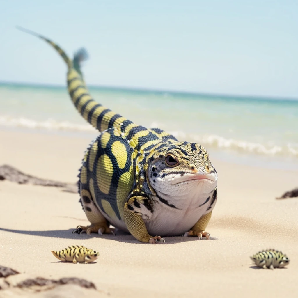 Small Animals, pufferfish mixed with House lizard, has white and red stripes on its body, Grassroots, no background, (has beard), ((no eyes))