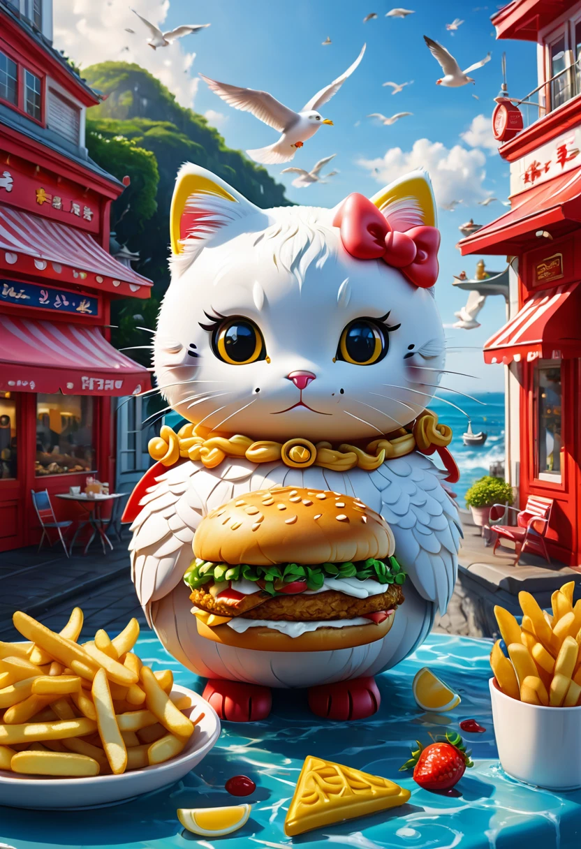 Hello Kitty, Seagull and Fries, best quality, masterpiece, very aesthetic, perfect composition, intricate details, ultra-detailed