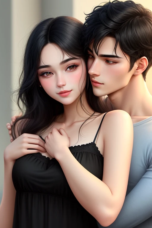 Draw a scene of two beautiful young men cuddling。The first was about 25 years old.、He has a tall, toned and muscular body.、Her blue eyes and jet-black hair are attractive.。He is charismatic」The other one was about 23 years old.、With a slim body for an average height、Blonde hair and green eyes are characteristic.。In college、Passionate and inquisitive in the arts、has a bright positive character。There is a strong trust and deep bond between the two.、Supporting and acknowledging everyone。The scene that is、Draw with a beautiful background。