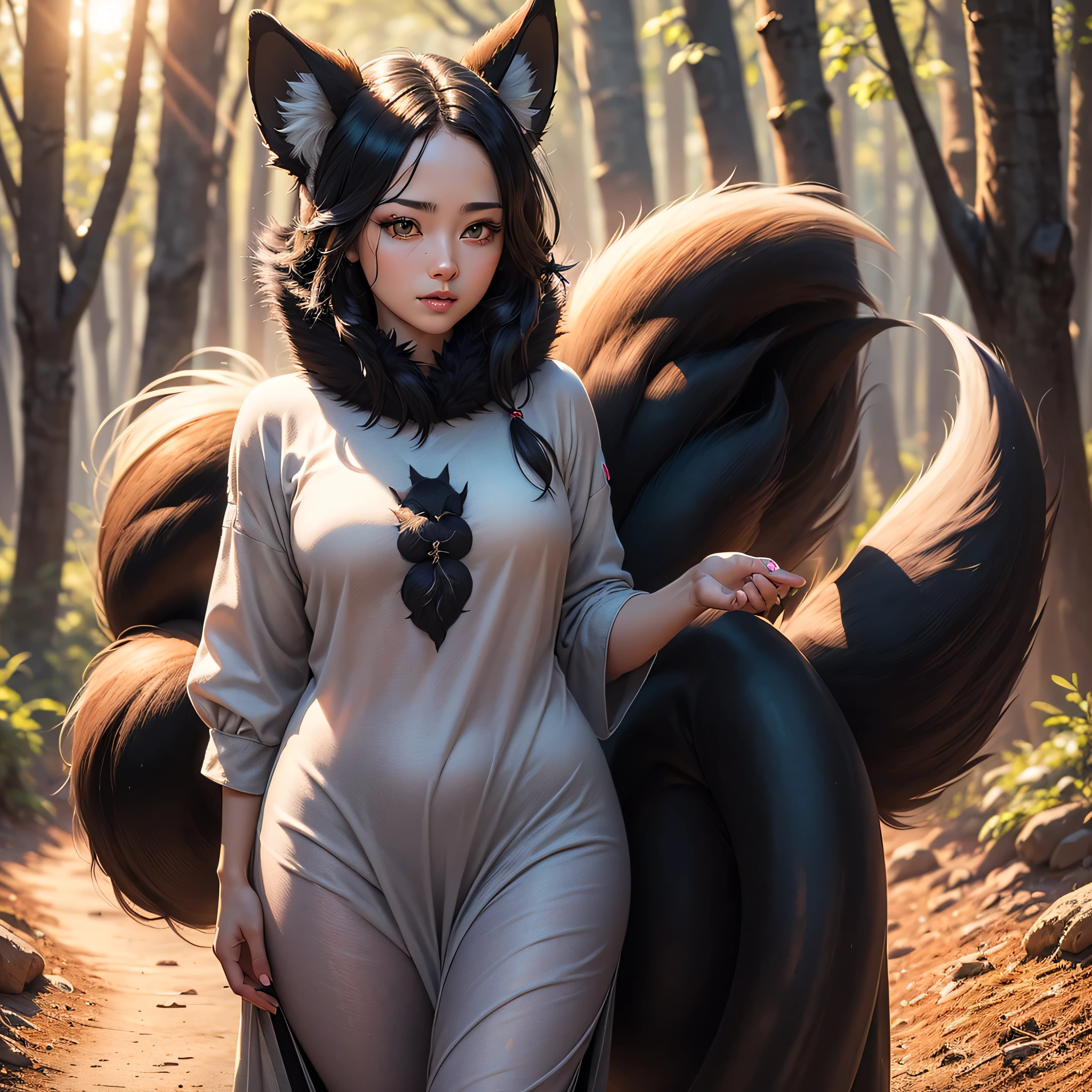 half-beast woman with a sensual and powerful appearance. Should have features like feline eyes, pointy ears, and a tail, with an environment that highlights its attractiveness and mystical nature. The background can be an enchanted forest that adds a touch of mystery to the scene, teen, big tits. CHEST FLAT
