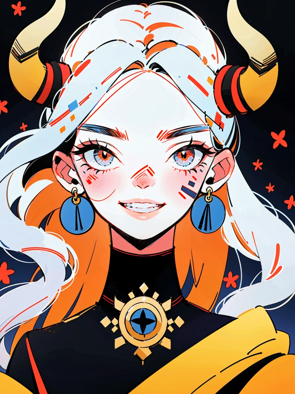 4lb1n0, 1girl, obsidian hair, Big eyes, Flower pattern on eyes, Pupil shape, radiant amber eyes, spiderweb earrings, leather armor, metallic bronze lipstick, portrait with a menacing grin, dark cavern background, masterpiece, best quality, cut3h0rnstyl3, looking over shoulder, horns, (Dark Warrior)


