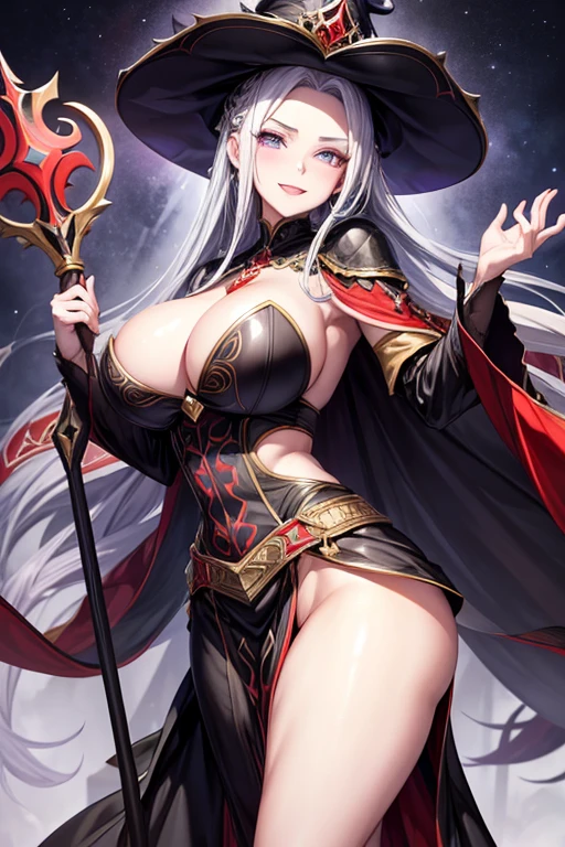 Empress edelgard turns Into a sexy, beautifull and attraktive dark sorcoress, big and wide black dress, giant waist, staff in Hand, smiling, long and dark cape, giant witch hat, majestic, giant breasted 1:50, bimbo, big purple lips, big purple eyes, giant breasted, enormous breasted, extreme hourglass figure, big waist, sexy curves, underboob, enormous chest, posing seductively