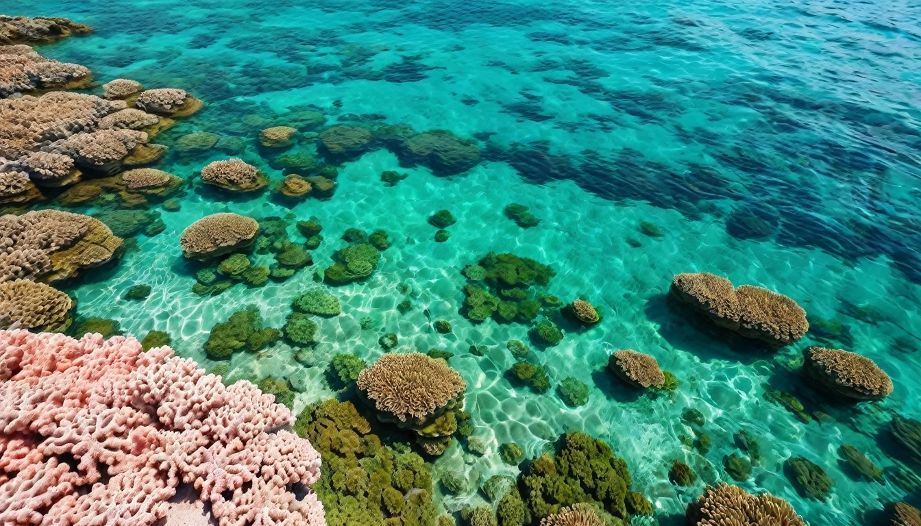 view of the sea surface with beautiful coral rocks. Beautiful abstract background concept banner for summer vacation at the beach.