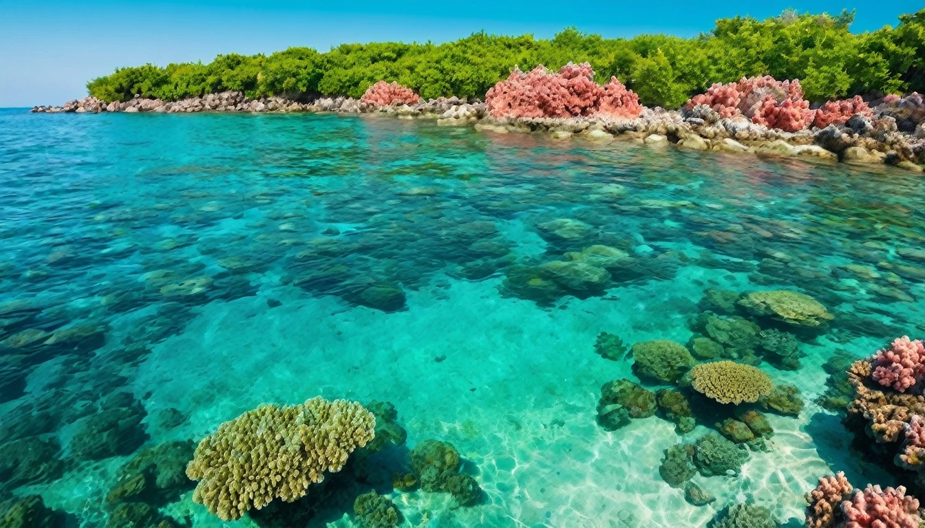 view of the sea surface with beautiful coral rocks. Beautiful abstract background concept banner for summer vacation at the beach.