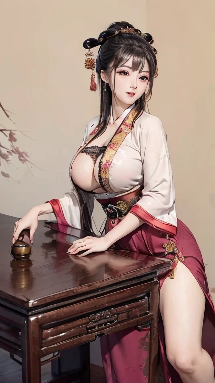 ((High Definition Chinese Traditional Ink Painting, hanfu)), Eye size, Drooping eyes, Smile,(((Full and soft breasts,)))(((Large Breasts))) (((Cleavage))), ((Open your legs, Standing with my crotch slammed against the corner of the table)), ((, Large areola, sex, Intense mating)), Old fashion, open mouth, Ancient Temple,