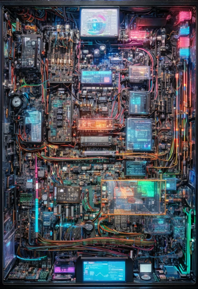 best quality, very good, 16K, delicate and dynamic, White, streamline,No edges and corners, Long skirt with a flared hem, A blue LED eye, Single wheel movement, X-rays made of transparent crystal, Precision machinery interior, Circuit Board, chart, Complex and countless colored cables, Integrated circuit chips, resistor, capacitors, led, timer, Translucent Translucent Anatomy, Rainbow Neon Colors Wiring Diagram and LEDs, Mix and fuse steampunk frames and backgrounds, Diesel Punk, and clockpunk, Analysis room laboratory