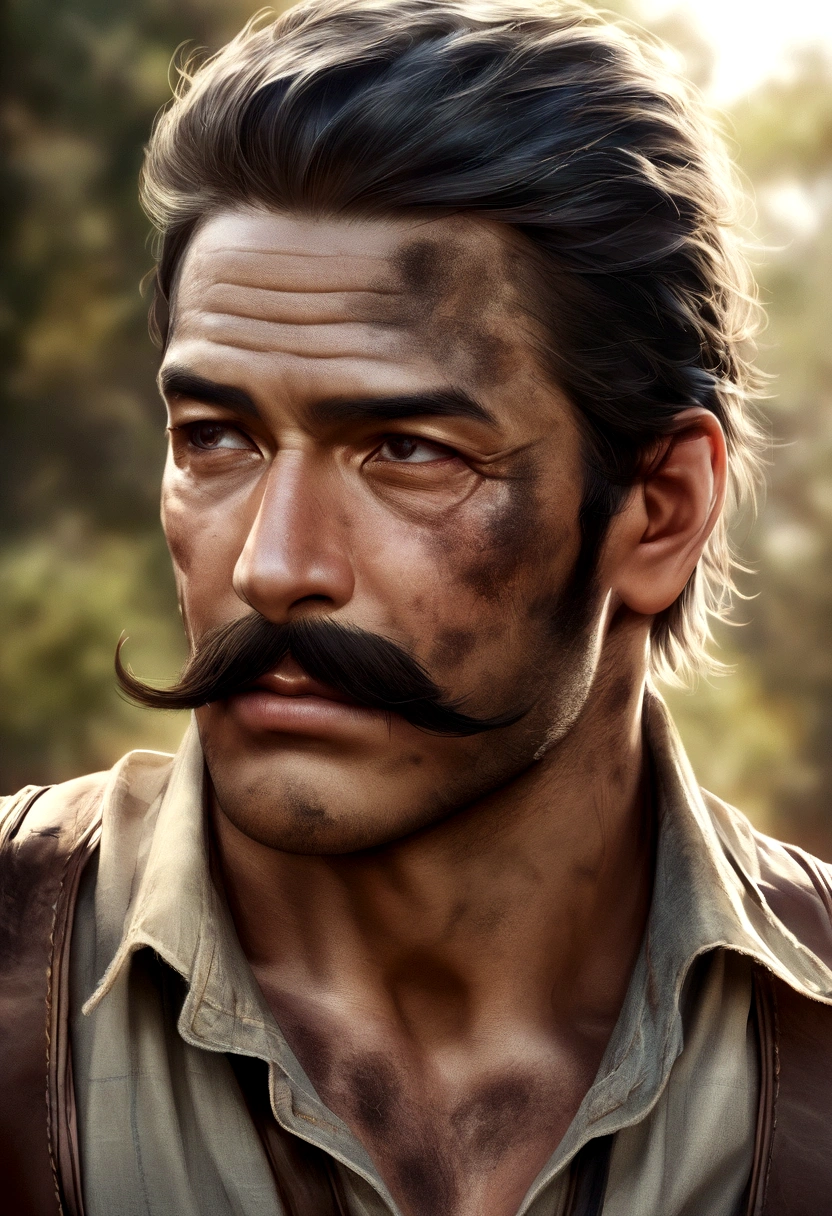 Photorealistic portrait of a man in his 20s in rancher's clothes in a tanned shirt, Suspenders and blue jeans, Photorealistic, Natural hair, Natural face, mustache, sideburns, , Hyper Detailed, The sun was beaten, dirty. showing dick
