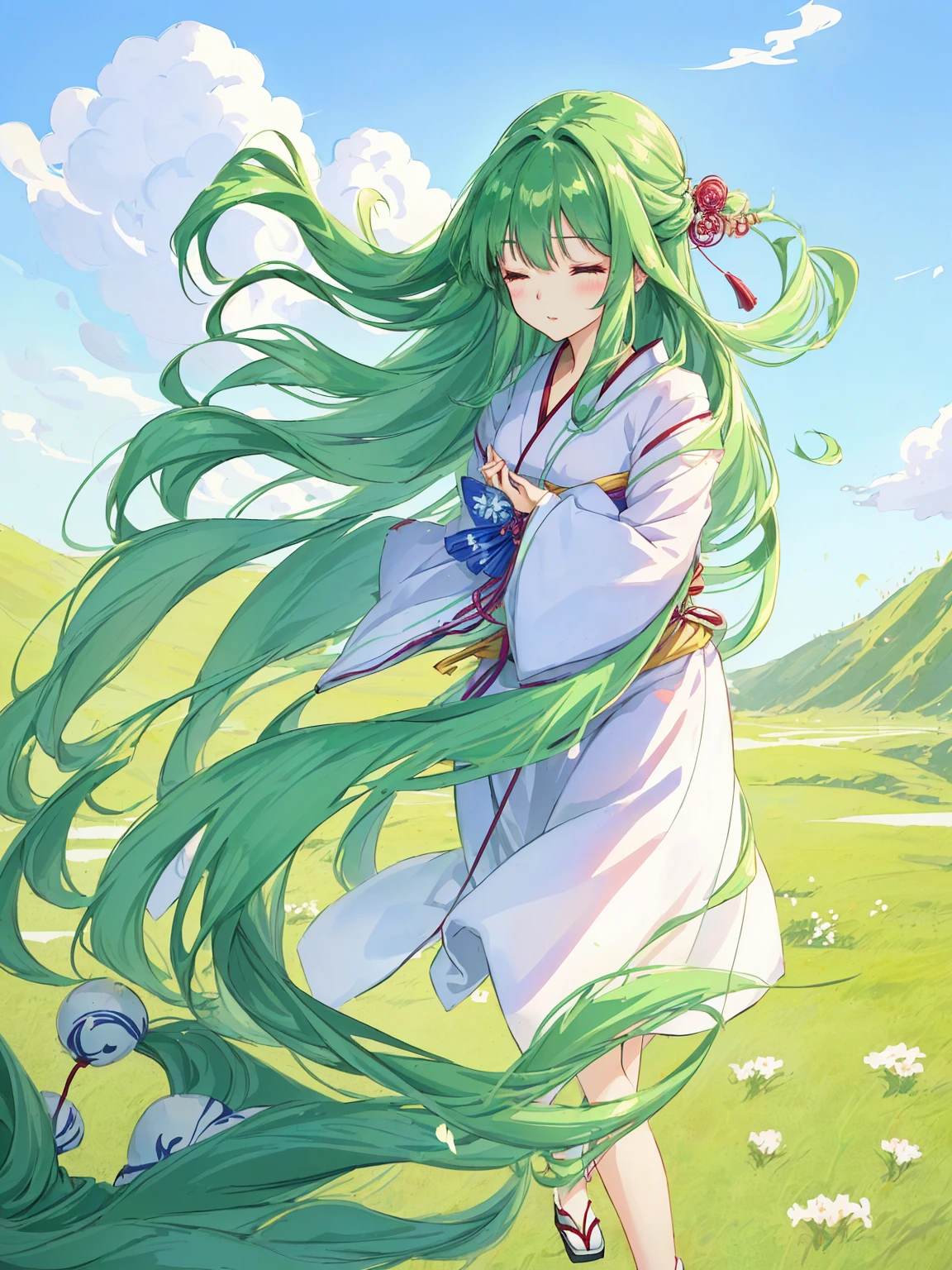 japanese cartoon movies, girl, grass, eye, hair, eye closed, eye closed, Beautiful Young Wind Spirit, beautiful japanese cartoon movies portrait, wind blowing and hair flowing, green flowing hair, wind blowing hair, beautiful illustration painting, digital japanese cartoon movies illustration, beautiful japanese cartoon movies artwork, Beautiful digital illustration, hair blowing the wind, beautiful japanese cartoon movies art, japanese cartoon movies girl with long hair