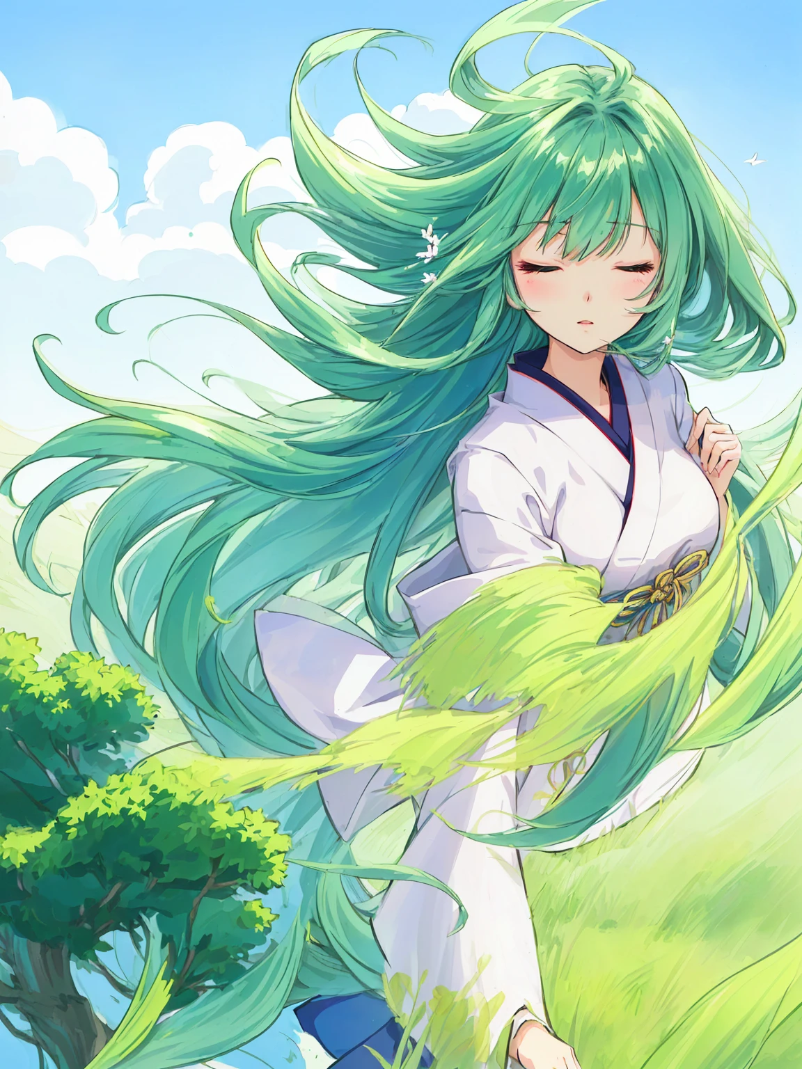 japanese cartoon movies, girl, grass, eye, hair, eye closed, eye closed, Beautiful Young Wind Spirit, beautiful japanese cartoon movies portrait, wind blowing and hair flowing, green flowing hair, wind blowing hair, beautiful illustration painting, digital japanese cartoon movies illustration, beautiful japanese cartoon movies artwork, Beautiful digital illustration, hair blowing the wind, beautiful japanese cartoon movies art, japanese cartoon movies girl with long hair