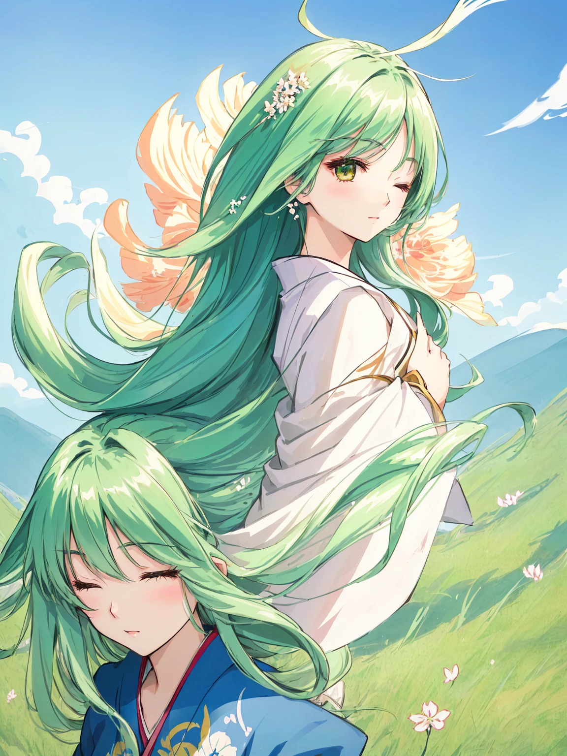 japanese cartoon movies, girl, grass, eye, hair, eye closed, eye closed, Beautiful Young Wind Spirit, beautiful japanese cartoon movies portrait, wind blowing and hair flowing, green flowing hair, wind blowing hair, beautiful illustration painting, digital japanese cartoon movies illustration, beautiful japanese cartoon movies artwork, Beautiful digital illustration, hair blowing the wind, beautiful japanese cartoon movies art, japanese cartoon movies girl with long hair
