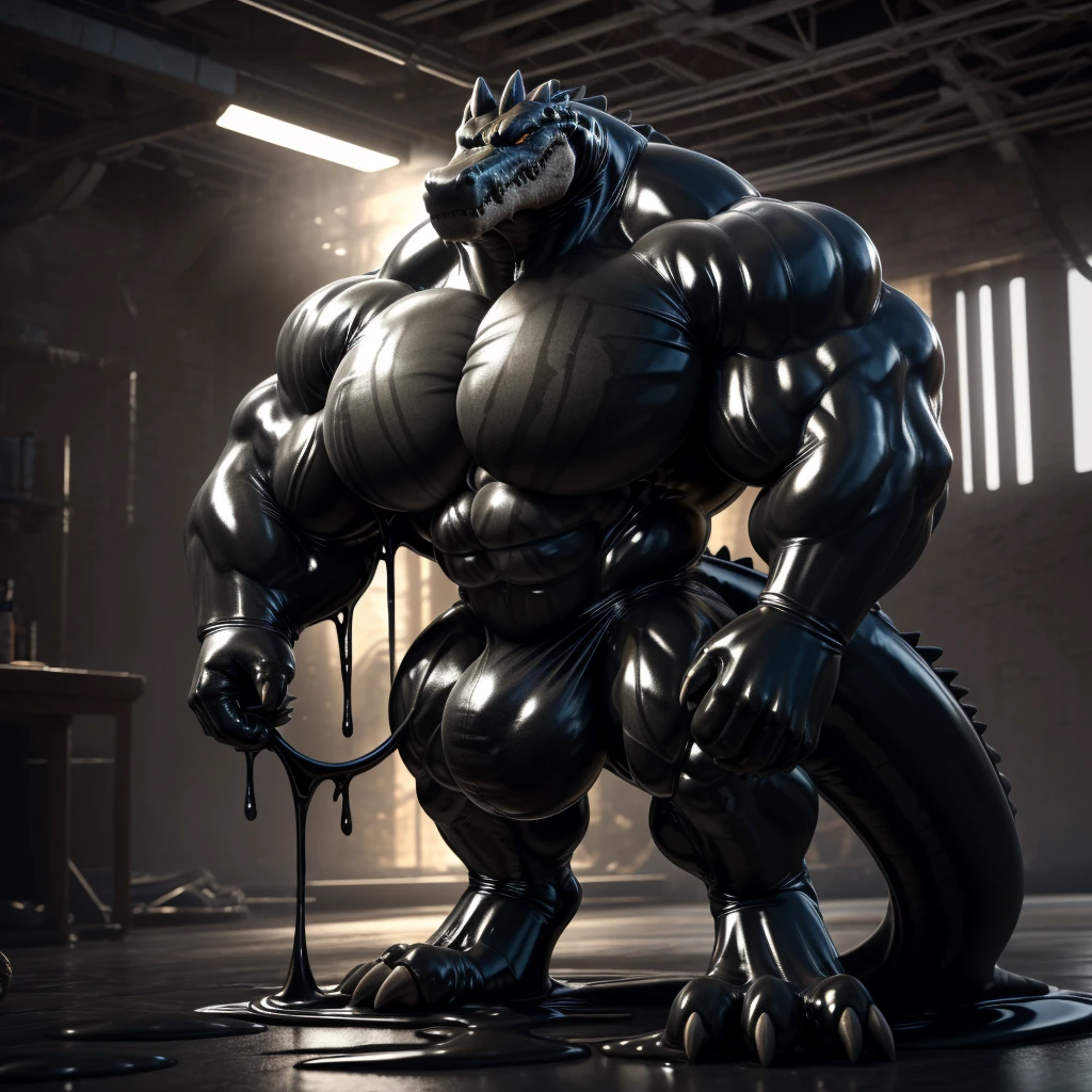 solo, male, , , , (hyper pecs:1.2), (long thick thighs:1.5), standing, indoor,,(,,(,solo,very hyper muscles:1.3)((, Huge bulge:1.3)))(corruption)), black glowing liquid,(((liquid_latex, , rubber:1.2),,black latex,goo transformation,(gooey)()(l),unreal engine,perfect light,detailed, photorealistic, 4k, hd, , , , good anatomy, , (), ,, high quality, best quality, concept art, photorealistic, Crocodile