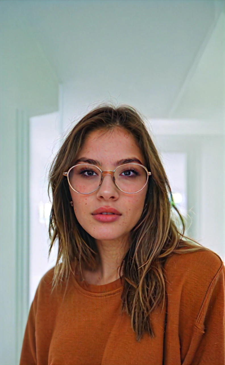 a beautiful 23-year-old woman, light brunette, close-up, girl next door, baggy clothes, makeup, lips, glasses, night, messy hair, film grain, retro, Porta 160 color, shot on ARRI ALEXA 65, sharp focus on subject, Fujifilm XT-3