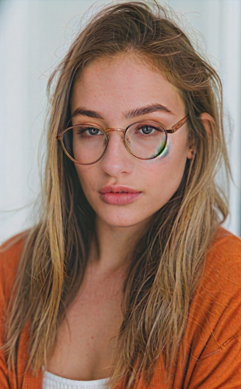 a beautiful 23-year-old woman, light brunette, close-up, girl next door, baggy clothes, makeup, lips, glasses, night, messy hair, film grain, retro, Porta 160 color, shot on ARRI ALEXA 65, sharp focus on subject, Fujifilm XT-3