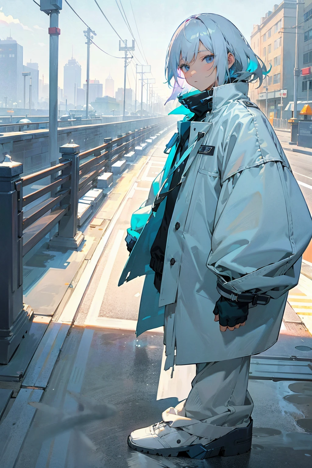 1male, half color hair, white and light blue hair, black eyes, oversized light blue jacket, white shirt, layered clothing, baggy white pants, city background, detailed background, hands to side, standing on path, expressionless