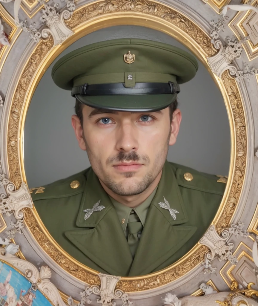 a realistis european man face with blue eyes wear a grewn military uniform,ultra hd 8k