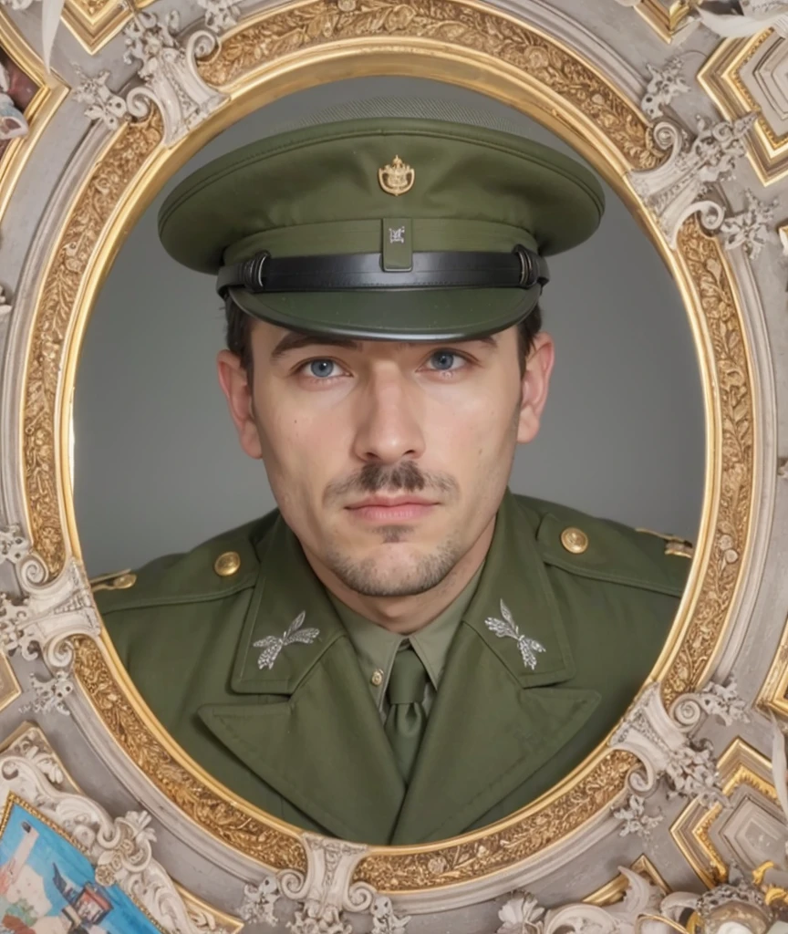 a realistis european man face with blue eyes wear a grewn military uniform,ultra hd 8k
