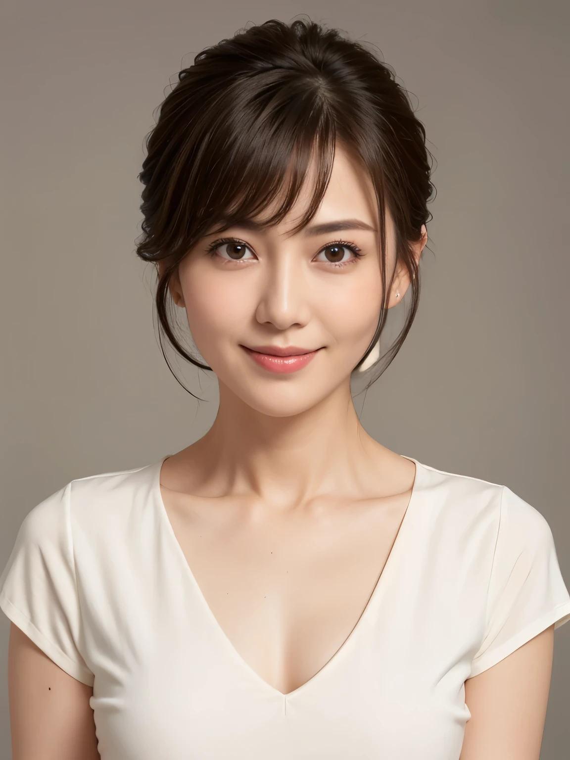 Highest quality, Realistic, Super detailed, High resolution, Plain background, 8k wallpaper, One beautiful woman, short hair, Straight Hair, V-neck shirt, Sharp Focus, Perfect and dynamic composition, Beautiful Eyes, Delicate hair, smile, Close-up portrait, Model Body Type, View your viewers, Large Bust