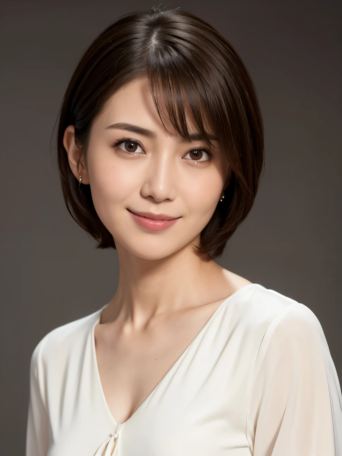 Highest quality, Realistic, Super detailed, High resolution, Plain background, 8k wallpaper, One beautiful woman, short hair, Straight Hair, V-neck shirt, Sharp Focus, Perfect and dynamic composition, Beautiful Eyes, Delicate hair, smile, Close-up portrait, Model Body Type, View your viewers, (Large Bust)