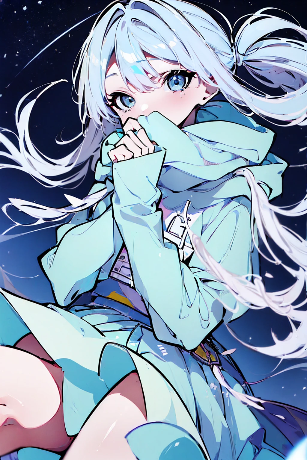 masterpiece,Highest quality,Super detailed, (((Pastel sky blue and white mullet)))) , Cute and adorable high school student, hoodie,Off the shoulder:1.2, Mostima, Arknights, smile, Penguin Logistics, magazine, japanese magazine, Light art, Soft Art, Open your mouth, Wink, Gazing at the sky, Stargazing, Looking Up, performer ,((((Woman covering her mouth with both hands))) A fleeting and fantastical feeling Highest quality