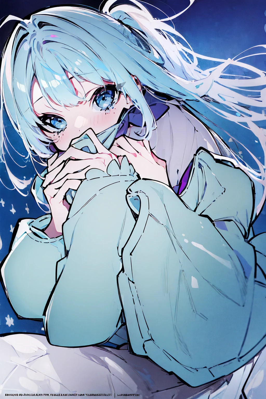 masterpiece,Highest quality,Super detailed, (((Pastel sky blue and white mullet)))) , Cute and adorable high school student, hoodie,Off the shoulder:1.2, Mostima, Arknights, smile, Penguin Logistics, magazine, japanese magazine, Light art, Soft Art, Open your mouth, Wink, Gazing at the sky, Stargazing, Looking Up, performer ,((((Woman covering her mouth with both hands))) A fleeting and fantastical feeling Highest quality