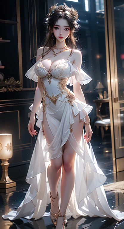 Time 2, ((Bare shoulders)), ((Full breasts)), (((Full and soft breasts,)))(((Large Breasts))) (((Cleavage))),((The skirt is very short)), ((Sexy legs)), ((whole body)), Practical, Fashion Girl, Red lips, Become a, Exquisite makeup, big eyes, beautiful, (best quality, masterpiece:1.2), Extremely detailed, (Practical:1.37), ((Random Scenes, Random shooting angle)), ((Sexy long legs)), Young and energetic, Charming model, (Exquisite eyes, Delicate lips), Show a bright smile, Create stunning girl images, warm color, Color Saturation Extreme Art, Extremely detailed的 CG, Unity 8K wallpaper, (High Dynamic Range :1.4), (Atmosphere),(Soft colors), (Natural skin texture, ultra-Practical, Soft Light, sharp),(Very detailed), night, moonlight