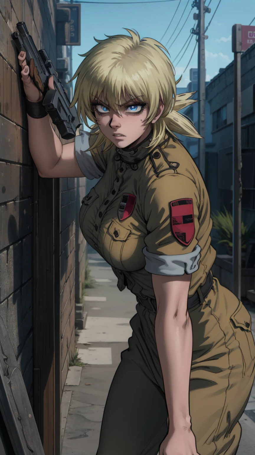 (best quality,4k,8k,highres,masterpiece:1.2),ultra-detailed, showing, boob window,extremely detailed girl,beautiful detailed eyes,beautiful detailed lips,longeyelashes,leather jacket and pants,angry expression,holding a gun,black and white photography,low-key lighting,dark and gritty,urban setting,fierce attitude,action-packed scene,Vivid colors,intense shadows,sharp focus, seras, seras victoria, closeup, face closeup, frustrated expression 