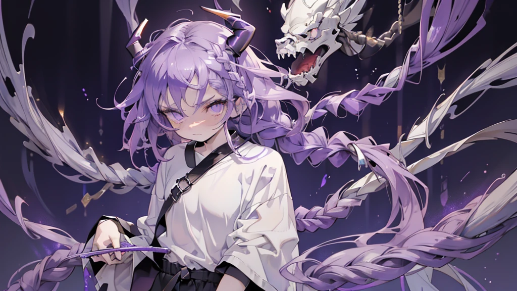 BOY. open forehead. Long dark purple hair braided on the left side. Black horns with white ribbon. pale violet eyes. Long white t-shirt. Dark purple shorts. Dark purple knee socks. Robe with a white hood with an ornament of gold rings. Concrete walls purple light