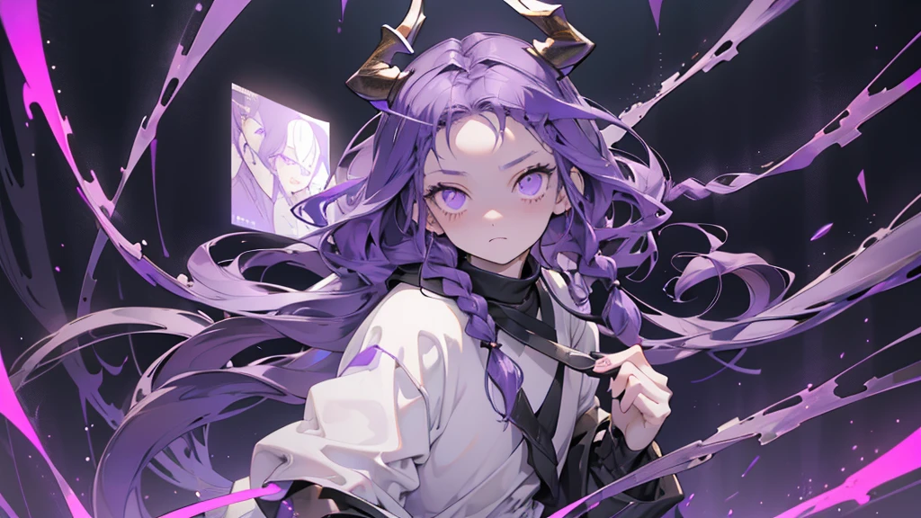 BOY. open forehead. Long dark purple hair braided on the left side. Black horns with white ribbon. pale violet eyes. Long white t-shirt. Dark purple shorts. Dark purple knee socks. Robe with a white hood with an ornament of gold rings. Concrete walls purple light