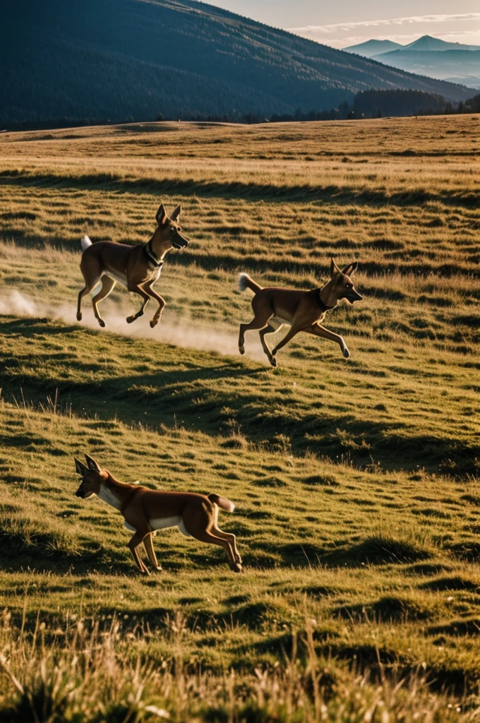 Create a retro image of a Belgian Malinois dog chasing a deer in a mountain