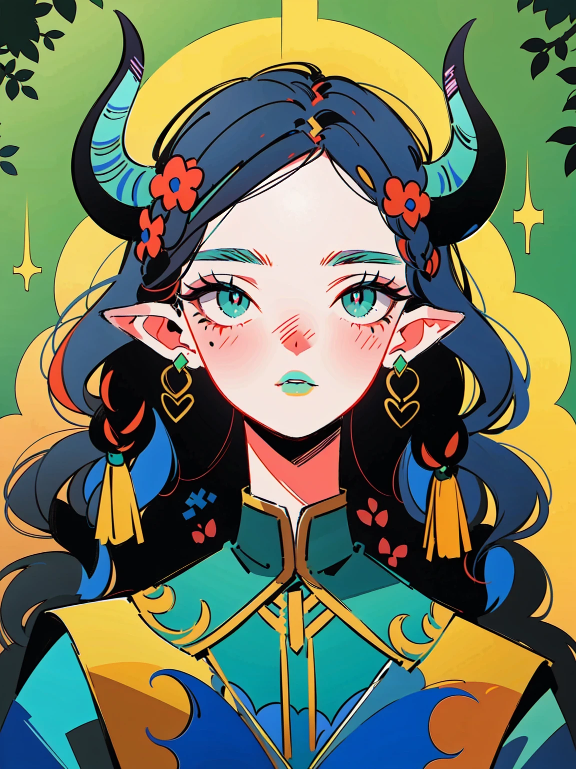 4lb1n0, 1girl, dark teal hair, Big eyes, Flower pattern on eyes, Pupil shape, glowing emerald eyes, thorn earrings, shadowy gown, glossy forest-green lips, portrait with a mysterious expression, enchanted woods background, masterpiece, best quality, cut3h0rnstyl3, looking down, horns, (Forest Demon)

