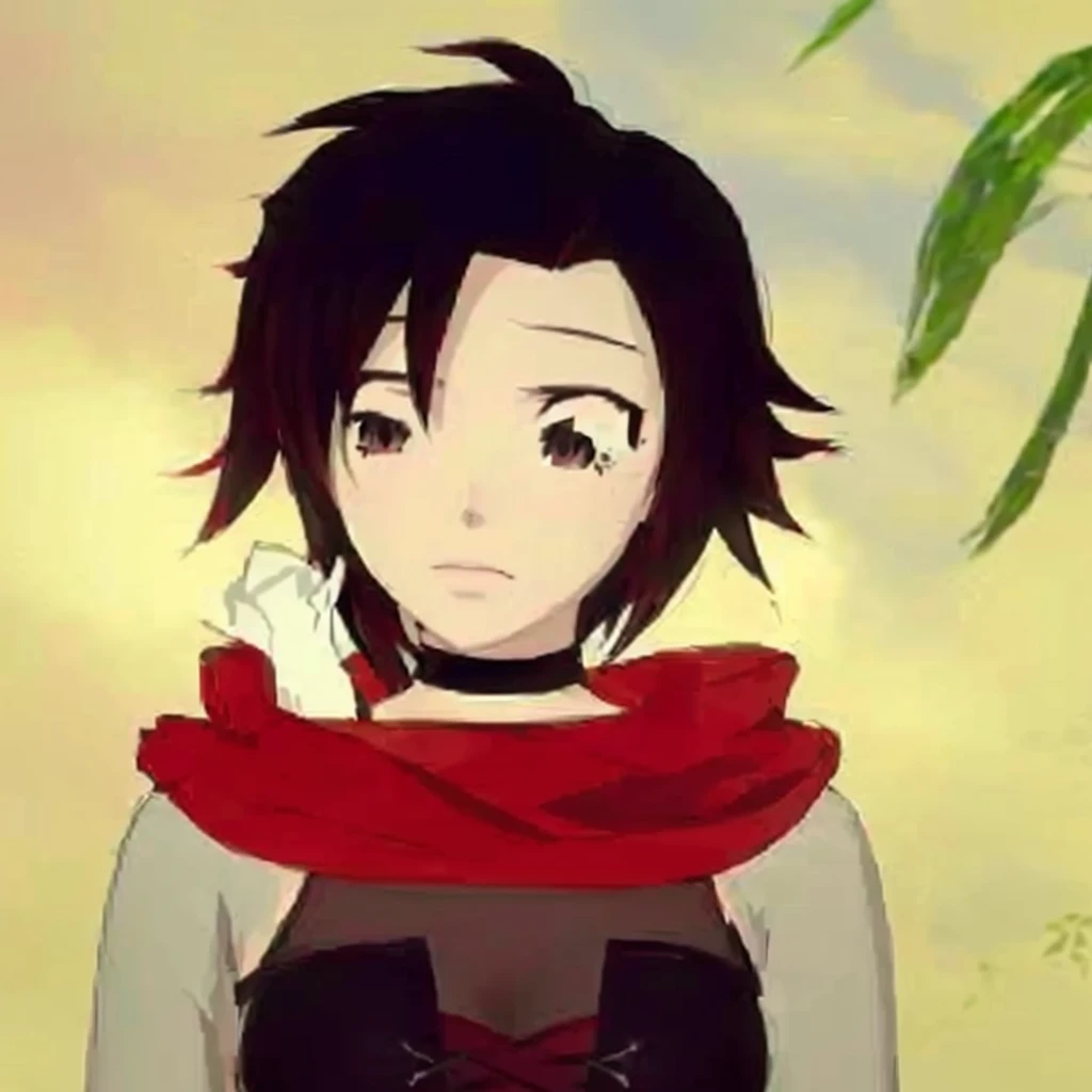 anime neko girl with black hair and red scarf, Ruby Rose RWBY, anime style, in the anime series RWBY, as an anime neko character, anime neko girl of version of Ruby Rose, female anime character, in the anime RWBY, inspired by Ruby Rose, RWBY