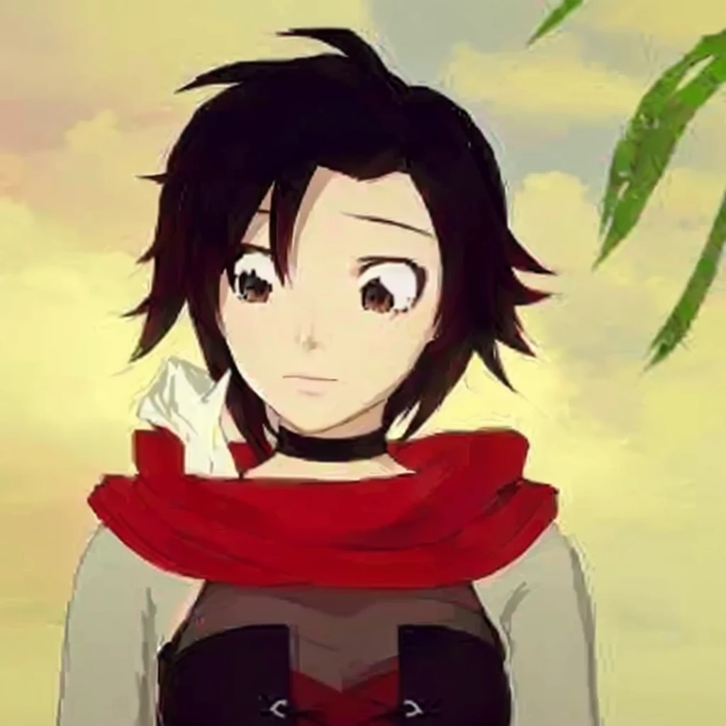anime neko girl with black hair and red scarf, Ruby Rose RWBY, anime style, in the anime series RWBY, as an anime neko character, anime neko girl of version of Ruby Rose, female anime character, in the anime RWBY, inspired by Ruby Rose, RWBY
