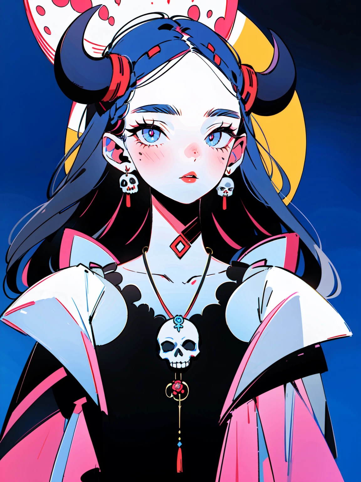 4lb1n0, 1girl, deep blue hair, Big eyes, Flower pattern on eyes, Pupil shape, radiant violet eyes, skull pendant, flowing dark cape, matte deep blue lips, portrait with a chilling gaze, moonlit night background, masterpiece, best quality, cut3h0rnstyl3, looking up, horns, (Nocturnal Demon)

