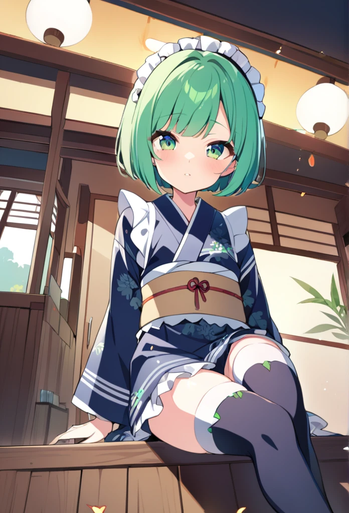 1 girl, cute, young, green hair, bob haircut, green eyes, yukata maid, thigh high,